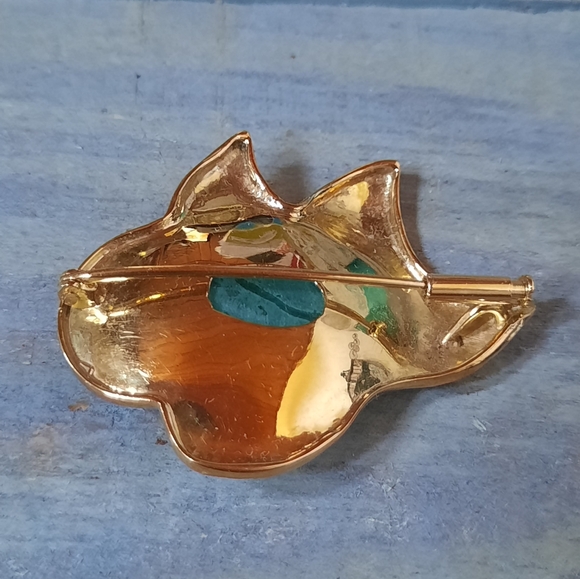 Vintage 18K Brushed Yellow Gold Custom Abstract Leaf Design Turquoise Brooch - Picture 11 of 16